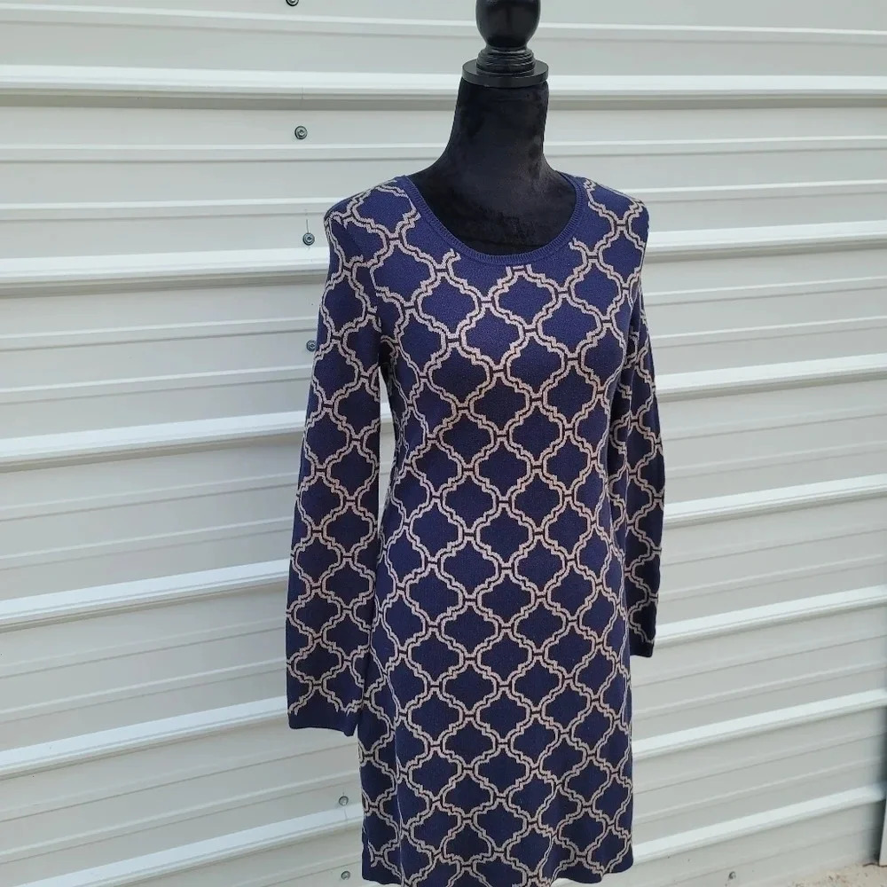 Hatley Women's Navy Blue Tan Long Sleeve Knit Sweater Dress M - Picture 8 of 9